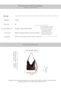 Size chart for brown PU leather tote bag with detailed measurement and capacity specifications
