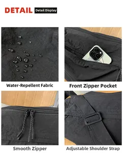 Detail view of water-resistant nylon fabric, smooth zippers and adjustable shoulder strap