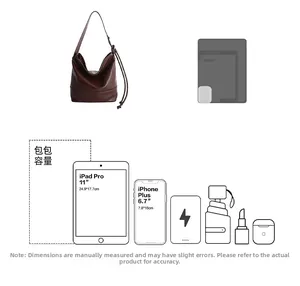 Detailed size guide showing a brown tote bag capacity with iPad and phone dimensions