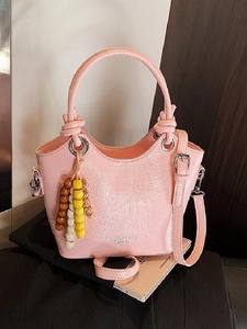 Women Fashion PU Leather Shoulder Bag Minimalist Commuter Crossbody Bag With Beaded Pendant Twist Knot Handle Glossy Bucket Bag