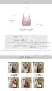 Detailed size specifications and color selection for this large capacity PU tote bag