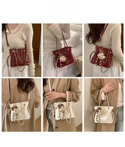 Detailed views of quilted chain bucket bag with cute bear charm in multiple colors