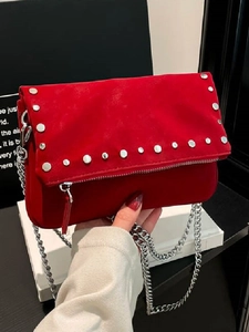 Vintage Women Rivet Chain Shoulder Bag PU Leather Small Square Crossbody Bag With Silver Metal Rivets Urban Casual Fashion