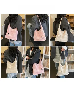 Detailed views of pink and beige textured commute tote bags with small pendant pouches