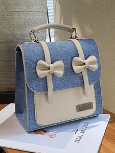 Women Denim PU Leather Preppy Style Backpack Sweet Bow Handbag Dual Use Small School Bag For Students Travel Daily
