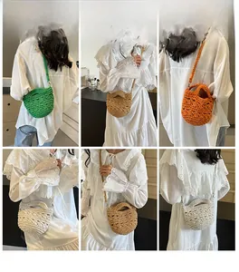 Detail of multi-color crochet knit bucket bags with woven texture and dual straps
