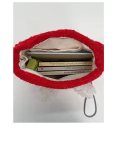 Interior view of large capacity plush puppy bucket bag showing spacious storage compartment