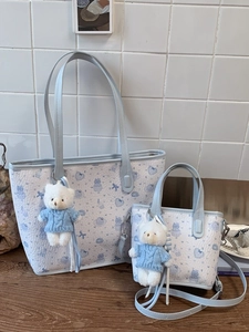 Women Cute Cartoon Print Tote Bag Large Capacity PU Leather Shoulder Bag With Bear Pendant Soft Girl Style Handbag