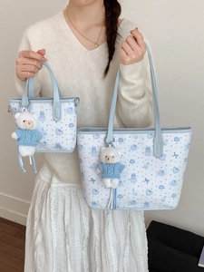 Light blue cartoon tote bag set with quilted white patterns and cute bear charms