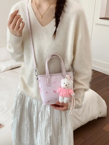 Cute lilac tote bag with cartoon flower print, embossed texture and bear charm