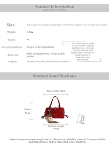 Detailed size chart for red PU leather baguette bag showing dimensions and capacity specs