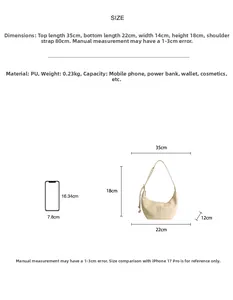 Size guide for the cream crescent tote bag showing PU material and storage dimensions