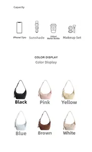Detail view of crescent shoulder bag capacity and multiple color options including pastel tones