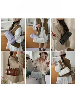 Collage di borse tote chic in viola, bianco e nero mostrate su una modella di moda