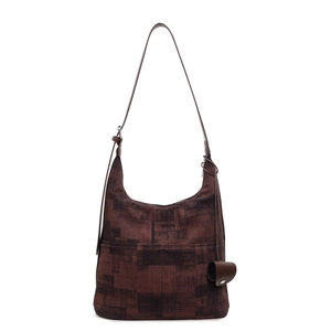 Large capacity canvas shoulder bag with geometric prints and brown leather straps