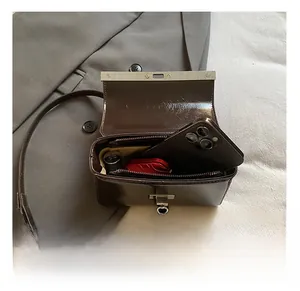 Detail view of the spacious inner compartment of the brown glossy square handbag