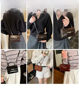 Collage of chic square mini handbags in various colors shown in casual lifestyle settings