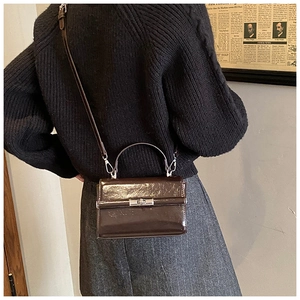 Detail of dark brown glossy patent leather bag with silver twist lock and strap