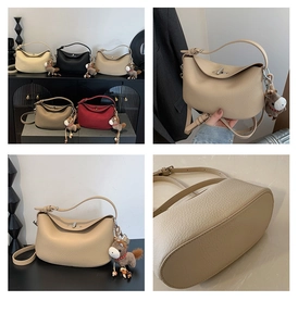 Detailed views of pebbled leather underarm bags in five colors with horse charms