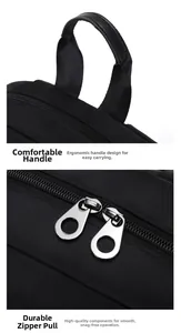Detail of sturdy nylon handle and smooth dual metal zippers on black backpack