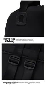 Close-up of reinforced stitching and adjustable buckles on a black travel backpack