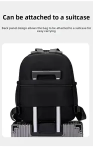Black backpack featuring a functional luggage sleeve secured to a silver suitcase handle