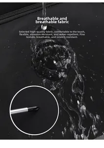 Close-up of waterproof black nylon fabric showing water resistance and anti-scratch test