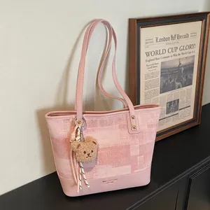 Borsa Tote da Donna a Grande Capacità a Contrasto di Colore Plaid Tela PU Splicing Borsa a Spalla Con Simpatico Ciondolo a Orsetto