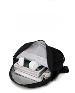Detail of spacious interior with light gray lining and zipper pocket for women's backpack