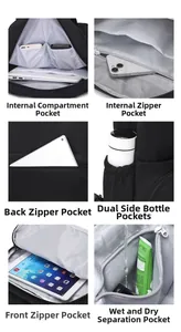 Detailed grid of black backpack showing laptop sleeve, dry-wet pocket, and hidden zippers