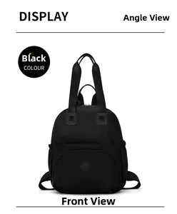 Front view of a black nylon backpack with round logo and large capacity structure
