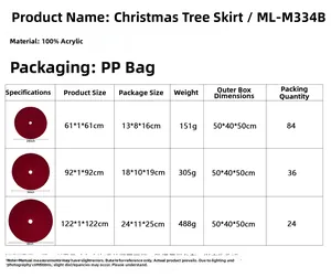 Size chart for red knitted Christmas tree skirt detailing dimensions and material specs