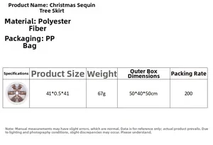 Detail specifications and macro view of a 41cm sequined Christmas tree skirt in polyester