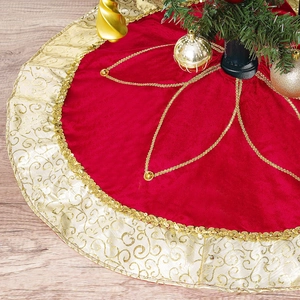 Red Velvet Christmas Tree Skirt With Gold Embroidery Sequin Lace Border Luxurious Xmas Holiday Home Tree Base Decoration