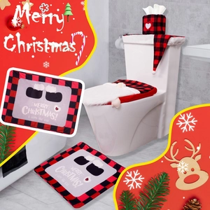 Detail of red and black buffalo plaid Christmas toilet cover set with 3D Santa elements