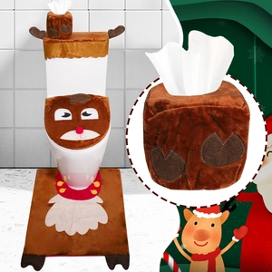 Three-piece Christmas reindeer toilet cover set with 3D antlers and red nose plush detail
