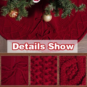 Red cable knit Christmas tree skirt with decorative bow ties for holiday floor decor