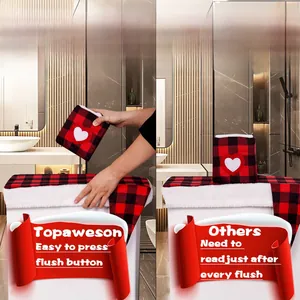 Detail of red buffalo plaid toilet cover set showing easy access to the flush button