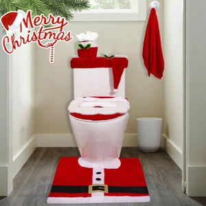 Detailed set of Santa Claus toilet cover and rug featuring classic red flannel fabric