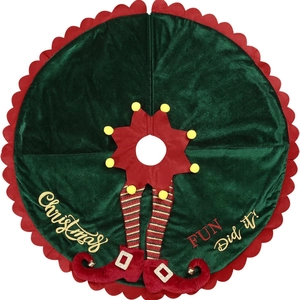 Festive red and green velvet Christmas tree skirt with elf legs and golden embroidery