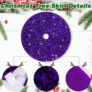 Sparkly purple sequin Christmas tree skirt with velcro closure and felt backing for holidays