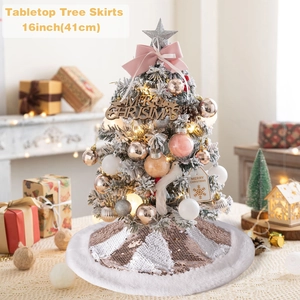 Detailed 16-inch champagne gold sequin and white plush tabletop Christmas tree skirt