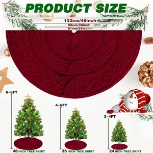 Size chart for red cable knit Christmas tree skirts in 48-inch, 36-inch, and 24-inch diameters