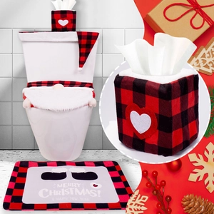Detailed Christmas bathroom set with red buffalo plaid mat and festive toilet covers
