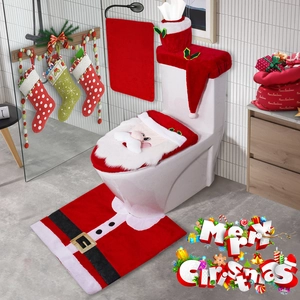 Santa Claus themed bathroom decor set with plush toilet seat cover and floor mat decor