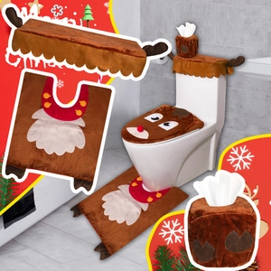 Christmas reindeer toilet seat cover set with tank lid and non-slip U-shaped rug