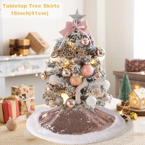 16-inch rose gold sequin tabletop Christmas tree skirt with white faux fur trim edge