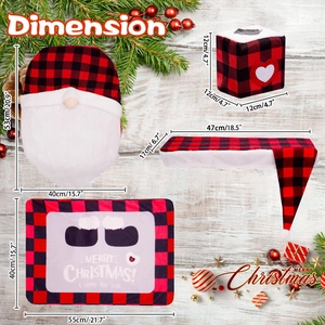 Christmas Santa Gnome toilet cover set with red and black buffalo plaid and dimensions