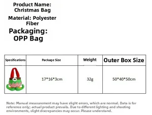 Detailed specifications table for Elf style Christmas gift bag with polyester material and dimensions