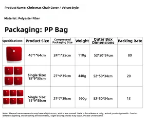 Size chart for red velvet Christmas chair covers with dimensions and material details